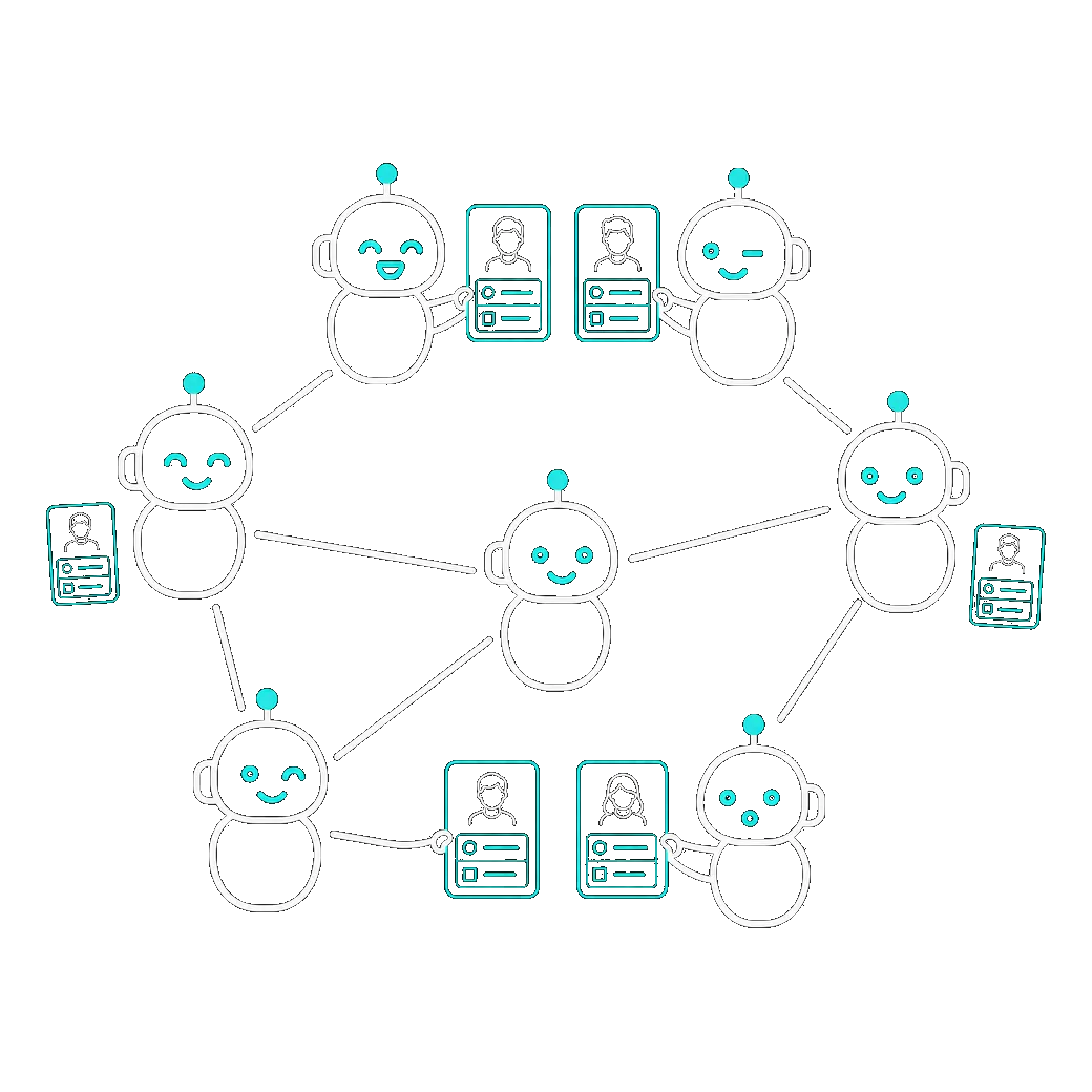 A network of AI agents, each holding up a human co-founder profile card, illustrating Cofound's directory of real people matched through their agents